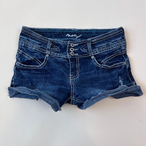 Vintage Y2K Embroidered Low Rise Denim Shorts size 3 Detailed Stitching - Picture 1 of 7